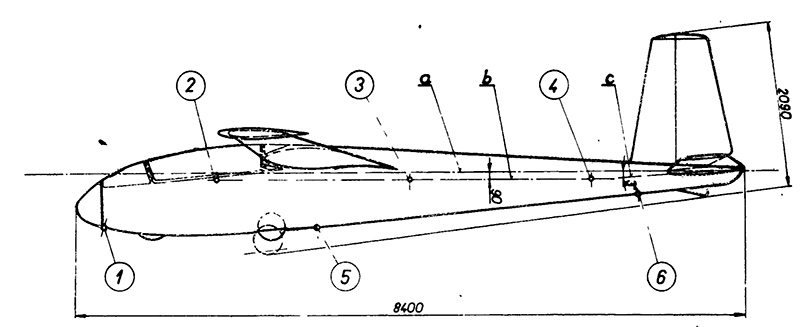Рис. 1. Чертеж нивелировки планера Л-13 (боковая проекция)